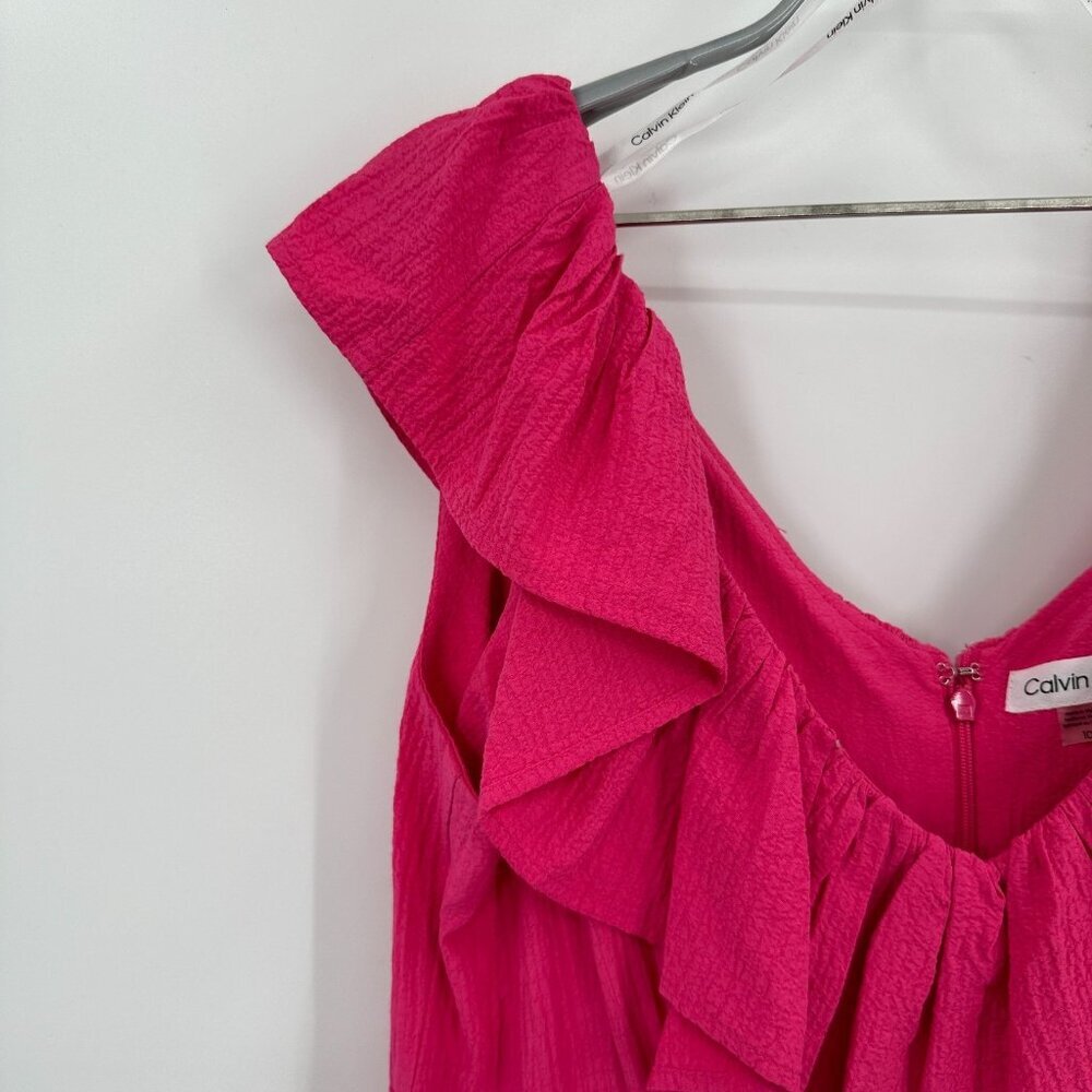 CALVIN KLEIN Gauze Ruffle Maxi Dress In Hibiscus Pink size 10 Women's NWT - Picture 2 of 5